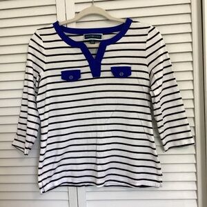 Karen Scott White and Blue Striped 3/4 Sleeve Top
